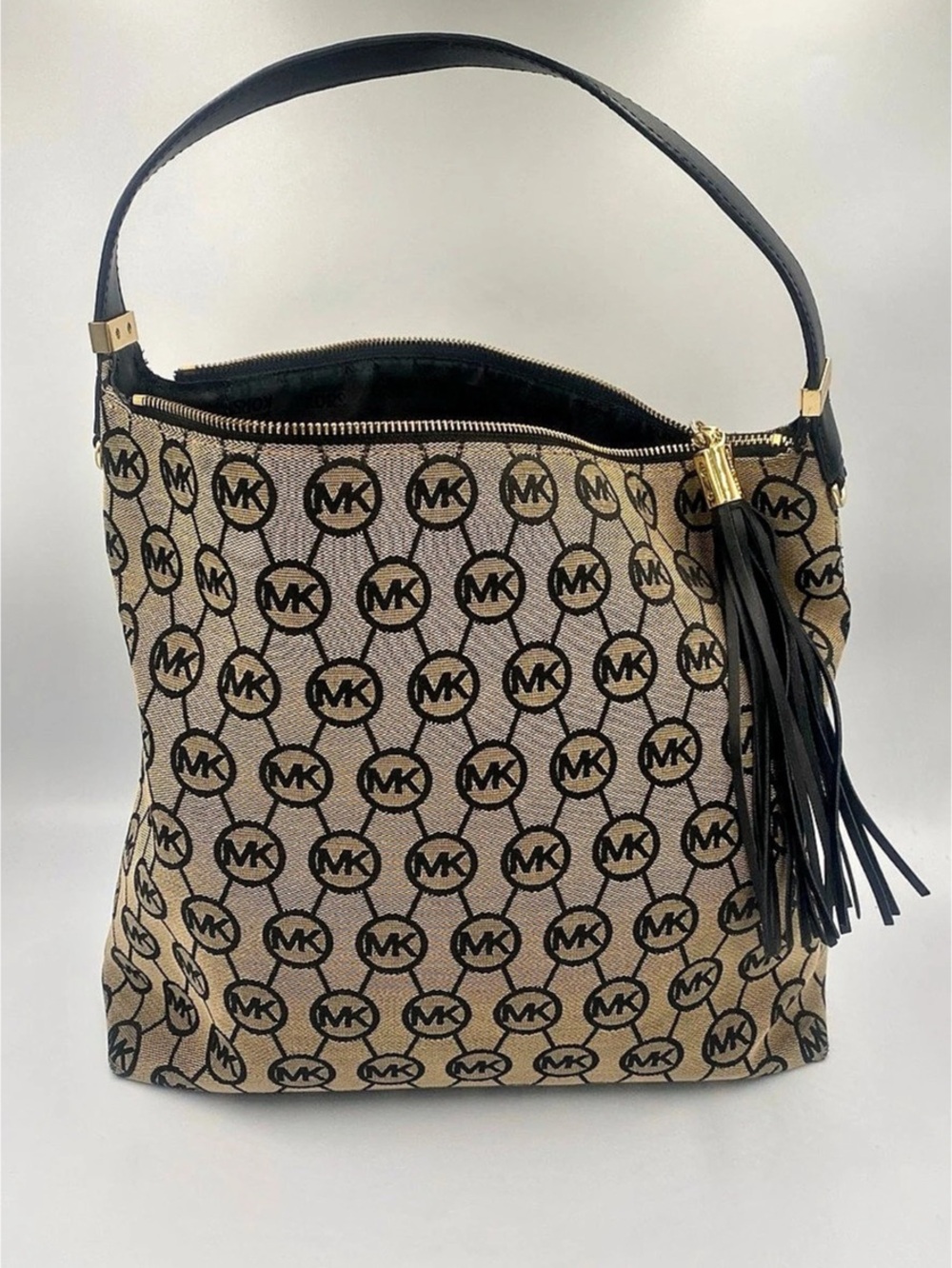 Michael Kors Bedford Leather Strap Shoulder Bag - Black & Grey Monogram